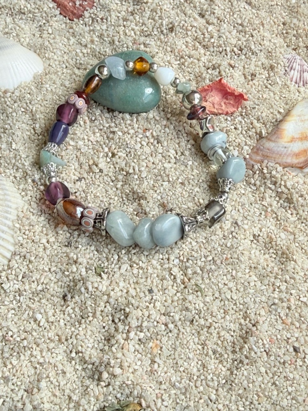 Aquamarine Light Blue, Purple & Amber Beaded Stretch Bracelet